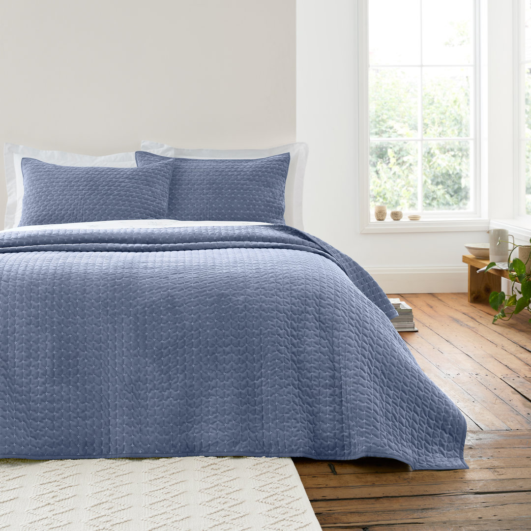 Bianca Cotton Attica Velvet Embroidered Bedspread Blue